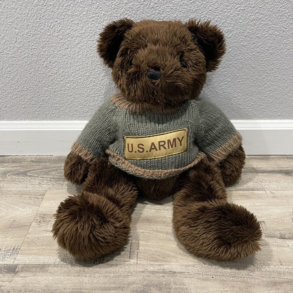 Vintage 1989 Bear Force of America US Army Teddy Bear Plush Brown Shaggy Sweater - Picture 1 of 5